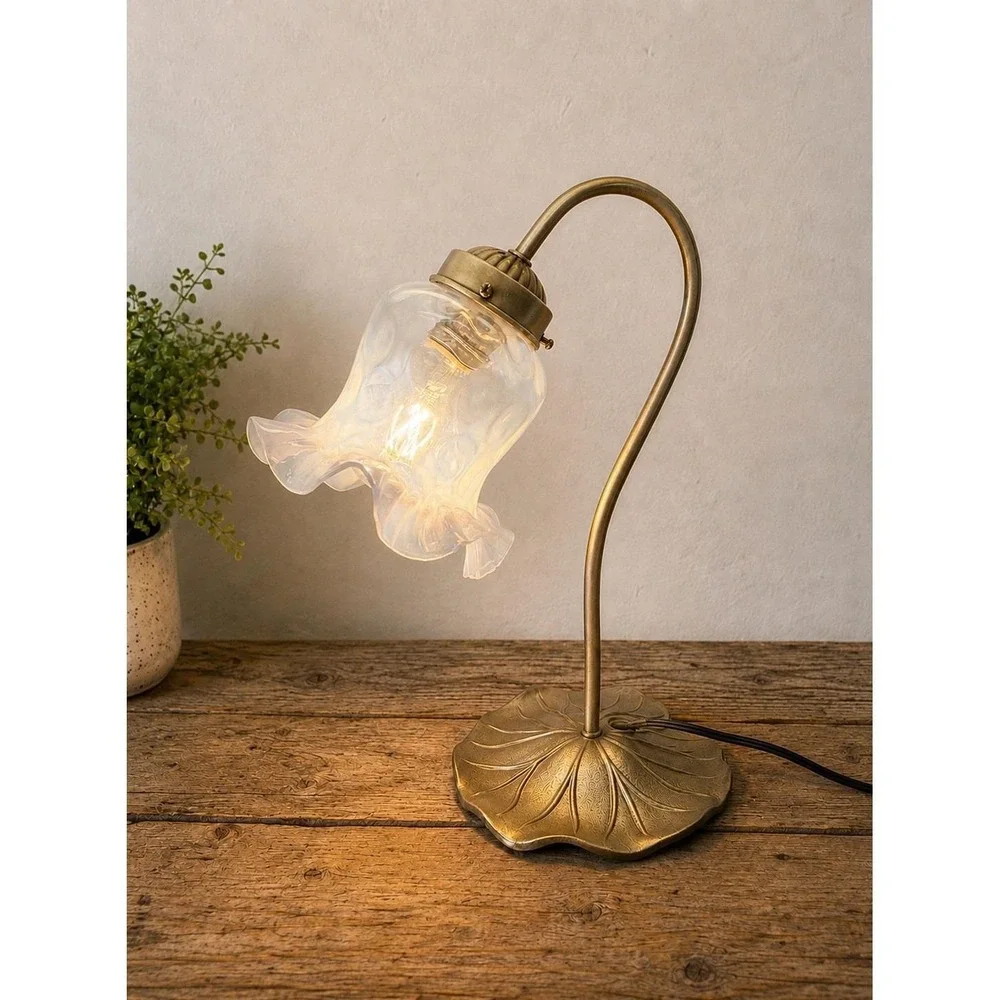 Art Nouveau Brass Style Gooseneck Lily Pad Desk Lamp W/ Fenton Opalescent Shade